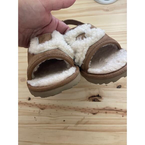 Ugg Unisex Toddler Size 12 Suede Slipper Slide Slip On Brown White - Picture 4 of 7
